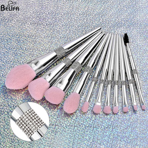 Wholesale custom logo 11pcs glitter cosmetic cleaner brush holder diamond package box for luxury bling silver makeup brush set