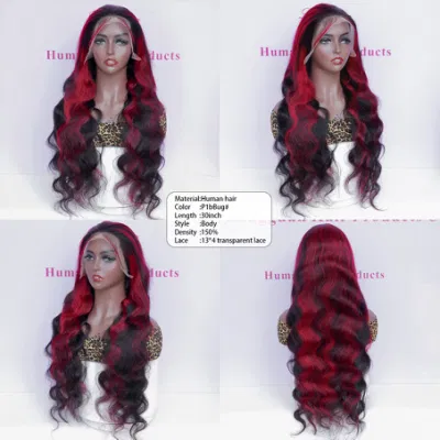Factory Wholesale High-Quality P1b/Burgundy Color Body Wave HD Transparent 13X4 Lace Front Wigs for Black Women