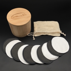 Rounds Square 8cm Washable Reusable Velour Charcoal Cotton Bamboo Makeup Remover Pads with Bamboo Container Tube Box