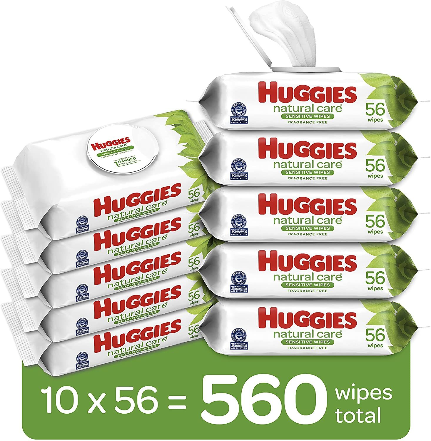 Baby Wipes, Huggies Natural Care Sensitive Baby Diaper Wipes, Unscented, Hypoallergenic, 10 Flip-Top Packs (560 Wipes Total)