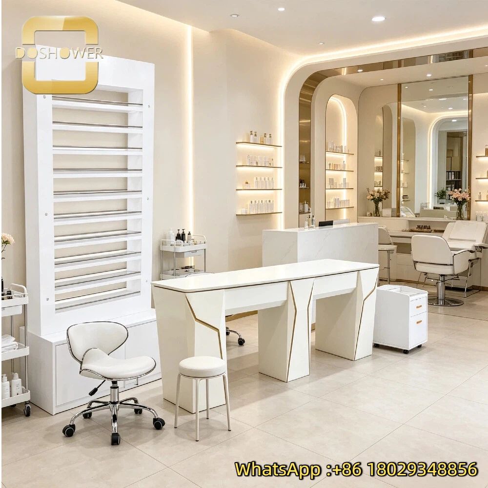 Luxury Double Position Nail Table with Integrated Storage Design and Thick Load-bearing Support Bases for High-end Nail Spa