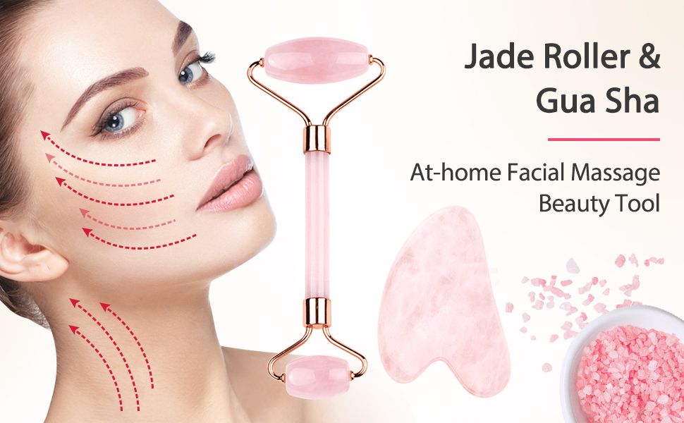 Jade Roller Guasha Set, Pink Color Jade Roller Facil Massager