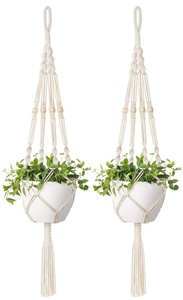 2 Pcs Macrame Plant Hanger with   Beads 4 Legs 4 Indoor Outdoor Hanging Planter Basket Cotton Rope