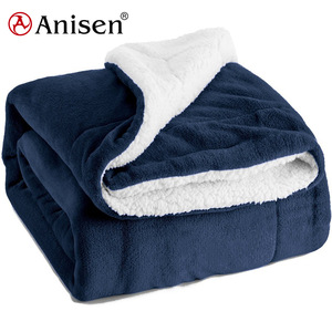 Winter Sherpa Throw Navy Blue Twin Size Reversible Fuzzy Microfiber All Seasons  fleece Blanket for Bed or Couch