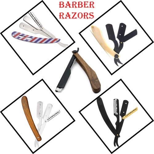 Wooden handle with holes Matte black and red barber razor straight
