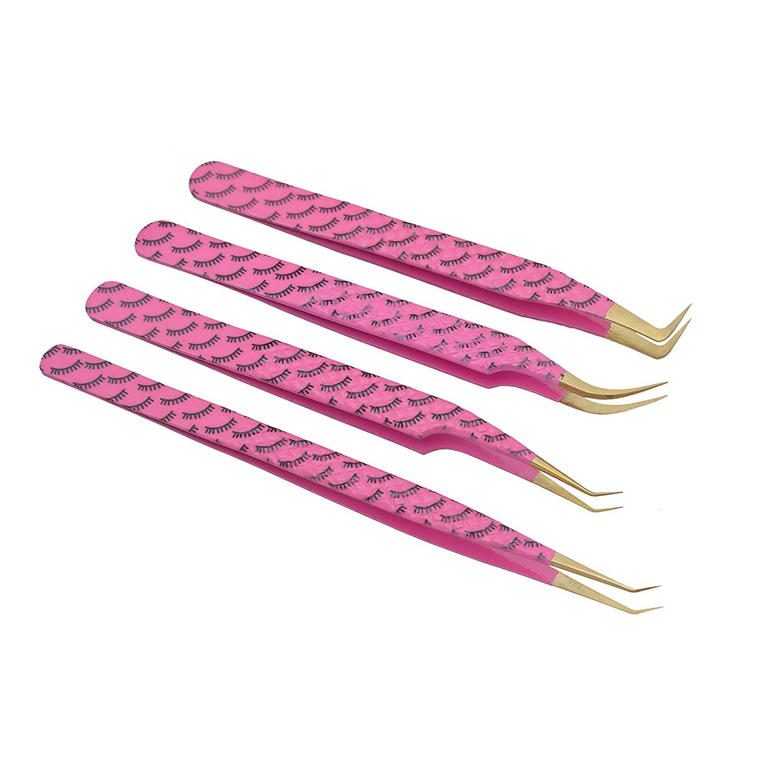 Set of 4 Diamond Grip Eyelash Extensions Tweezers Japanese Stainless Steel Lash Tweezer (Pink)