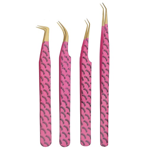Set of 4 Diamond Grip Eyelash Extensions Tweezers Japanese Stainless Steel Lash Tweezer (Pink)