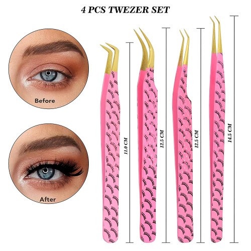 Set of 4 Diamond Grip Eyelash Extensions Tweezers Japanese Stainless Steel Lash Tweezer (Pink)