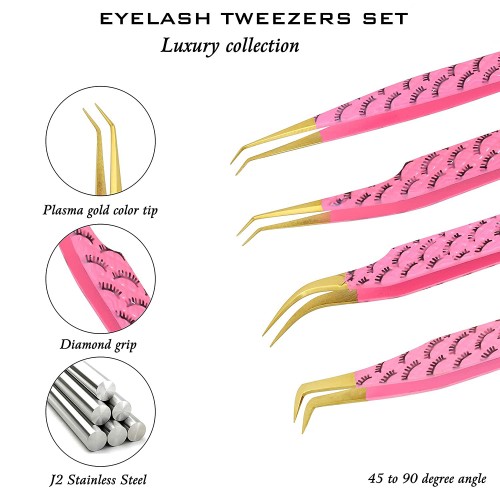 Set of 4 Diamond Grip Eyelash Extensions Tweezers Japanese Stainless Steel Lash Tweezer (Pink)