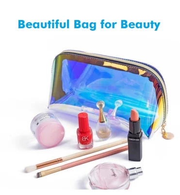 Low MOQ Custom Logo Fashion Small Personalized Holographic PVC Makeup Bag&Cases Cosmetic Gift Bags