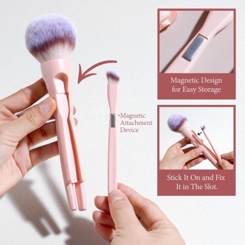 4-in-1 Magnetic Makeup Powder Brush Portable Soft Synthetic Eyeshadow Foundation Cosmetic Blending Makeup Brush with Brush Bag