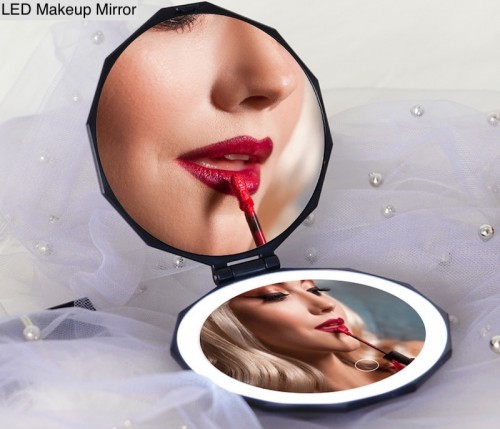 Fashion Luxury Diamond-faced Design 1X/5X Magnifying Pocket Folding Compact Wallet LED Makeup Mirror