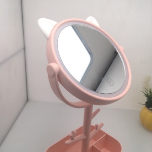 Hot Sale Cute Animal Ears 180 Degree Rotatable Plastic Makeup Desktop Cosmetic Led Mirror