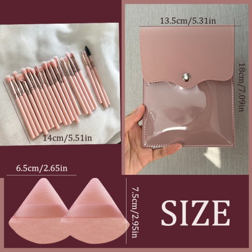 Pink 20-Piece Makeup Brush Set with Portable Travel Case & Powder Puffs