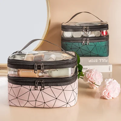 Custom PU Transparent Makeup Bag Zipper Storage Bag Large Double Layer Cosmetic Multi-Functional Toiletry Waterproof Bag