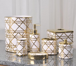 Gold decal ceramic bath accessory sets,Luxury Golden toilet sets,ceramic bathroom soap dispenser set