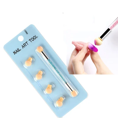 Hot Sale Double Head Sponge Nail Brush Picking Dotting Gradient Pen Brush Rhinestone Nail Art Tools with 4 Replacement Heads