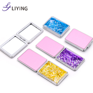 Free sample glitter liquid custom logo round gold portable small cute compact pocket mirror