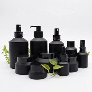 high end  frosted matte black cosmetic glass bottle and jar pump bottle for lotion serum cream full set