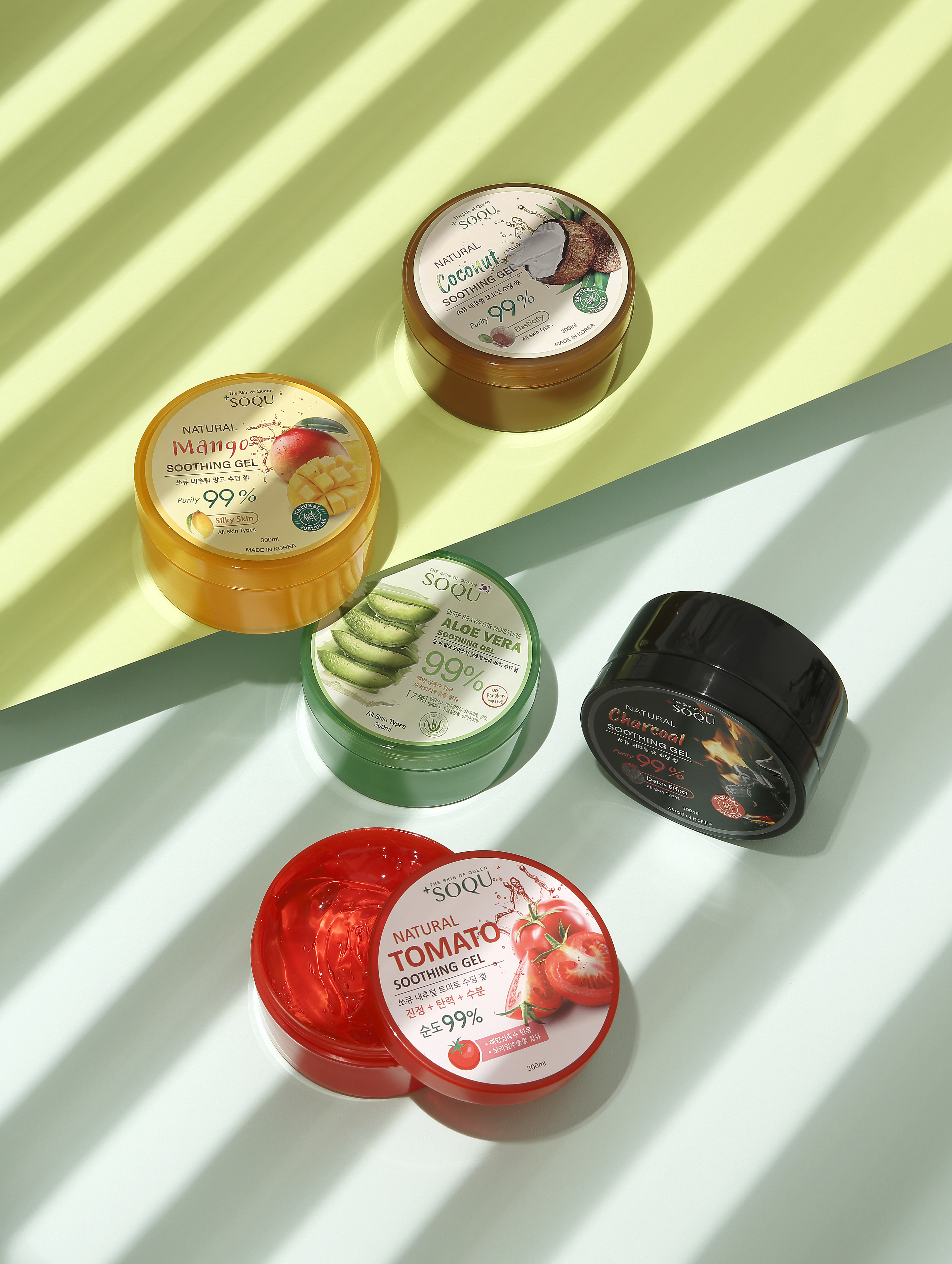 SOQU Natural Soothing Lines Gel(tomato, snail, lavender, mango, pomegranate, coconut, charcoal)