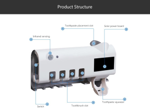 Wall-Mounted Toothbrush Holder, UV Toothbrush Sterilizer with Automatic Toothpaste Dispenser Solar Rechargeable