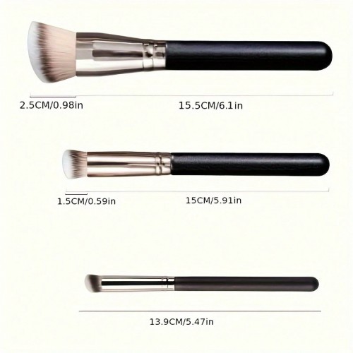 Professional Makeup Brush Set 3pcs – Angled Foundation Brush, Concealer Brush & Detail Blending Brush for Flawless Finish