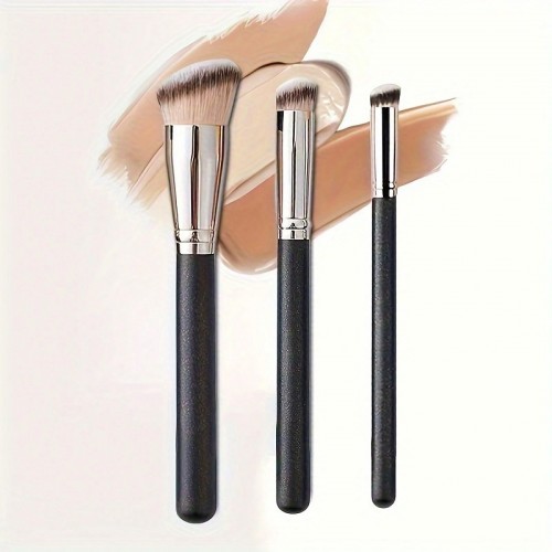 Professional Makeup Brush Set 3pcs – Angled Foundation Brush, Concealer Brush & Detail Blending Brush for Flawless Finish