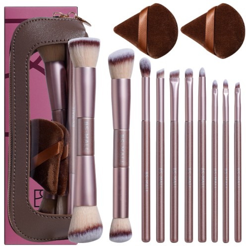 Luxury Rose Gold 10pcs Dual-Head Brush Collection including Velvet Powder Puffs & Window Makeup Case Custom Logo Wholesale