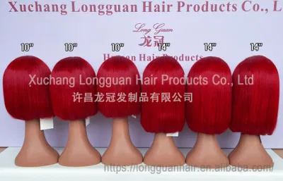 Longguan Factory Wholesale Hot Selling 100 Human Hair 12-Inches Red# Bangs Bob Machine Made No Lace Wigs