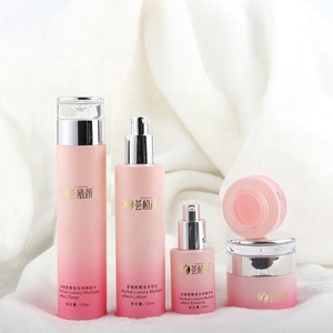 Pink color unique shaped cosmetics packaging set glass body lotion bottles cream jar with luxury water drop shape pump