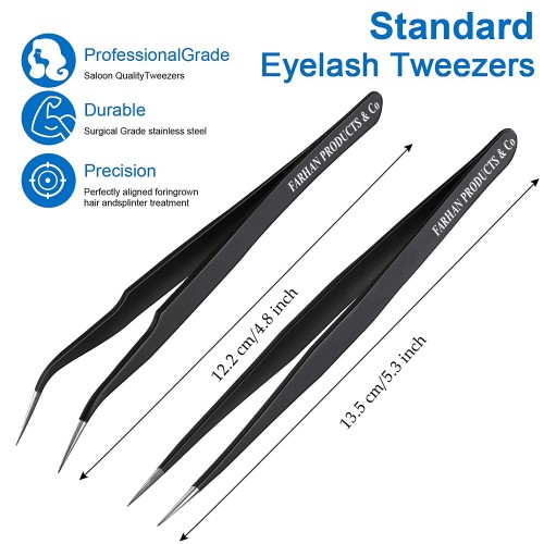 2 Pieces Straight and Curved Tip Tweezers Eyelash Extension Tweezers Stainless Steel False Lash Application Tools (Black)