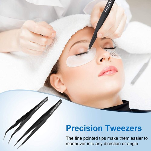 2 Pieces Straight and Curved Tip Tweezers Eyelash Extension Tweezers Stainless Steel False Lash Application Tools (Black)