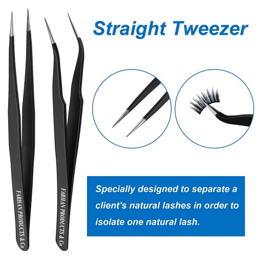 2 Pieces Straight and Curved Tip Tweezers Eyelash Extension Tweezers Stainless Steel False Lash Application Tools (Black)