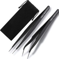 2 Pieces Straight and Curved Tip Tweezers Eyelash Extension Tweezers Stainless Steel False Lash Application Tools (Black)