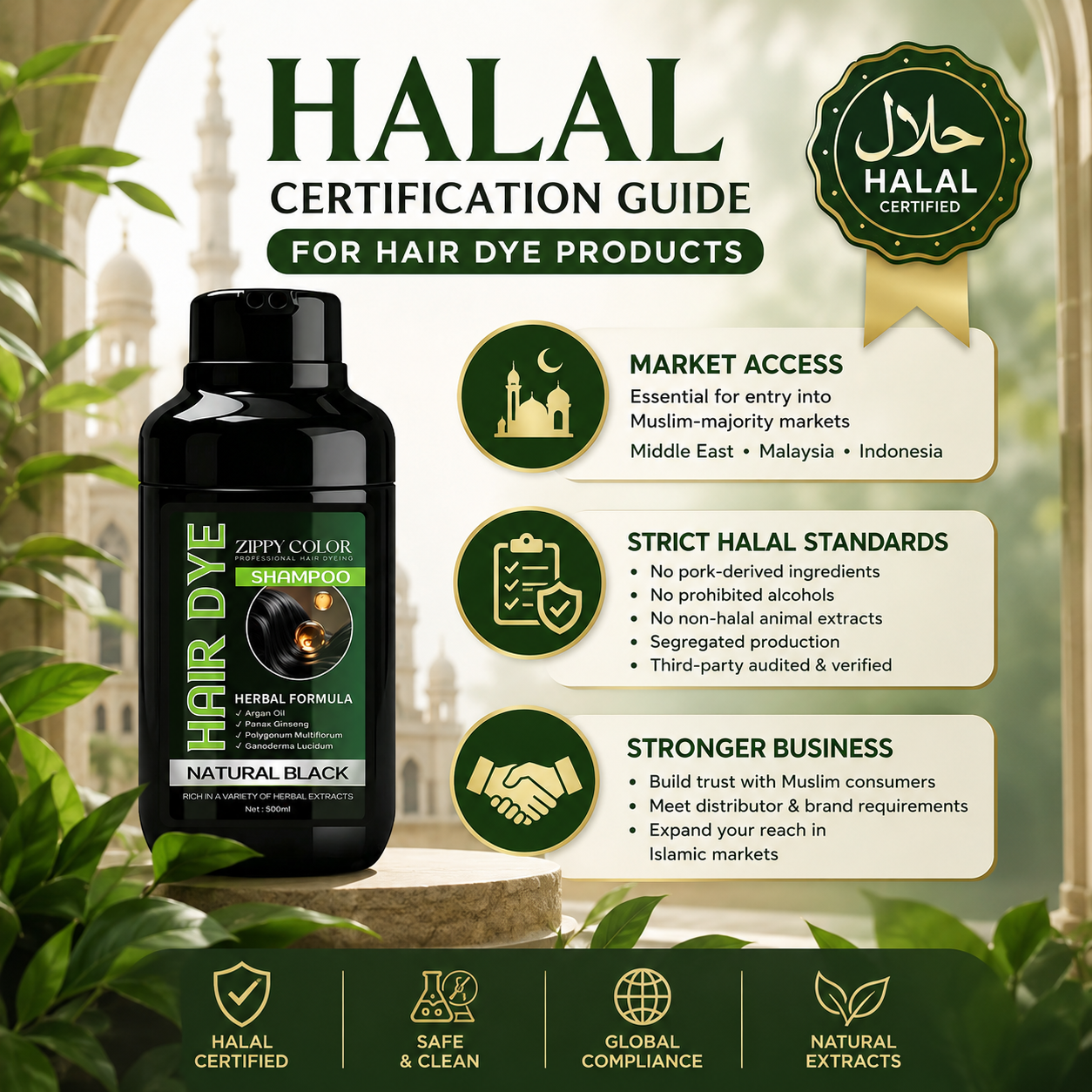 Halal-Certified Hair Color Shampoo 🧴｜No Dark Skin Staining, 100% Gray Coverage & Herbal Care for Global Muslim Markets