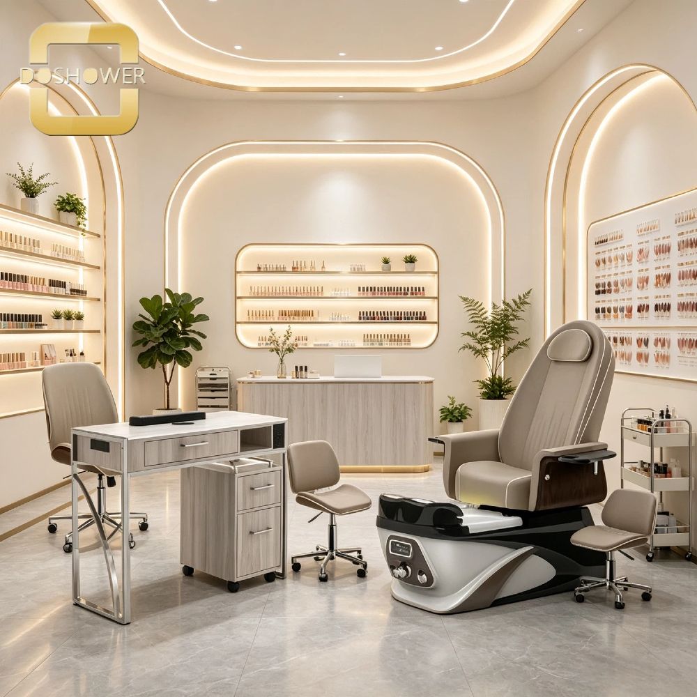 Modern manicure table for technicians with independent storage cabinet with wheels and tool compartment for nail studios.