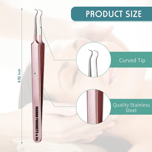 Blackhead Removal Tweezer Acne Blemish Stainless Steel Blemish Extractor Tool Acne Whitehead Pimple Bend Curved Tweezer (R.Gold)