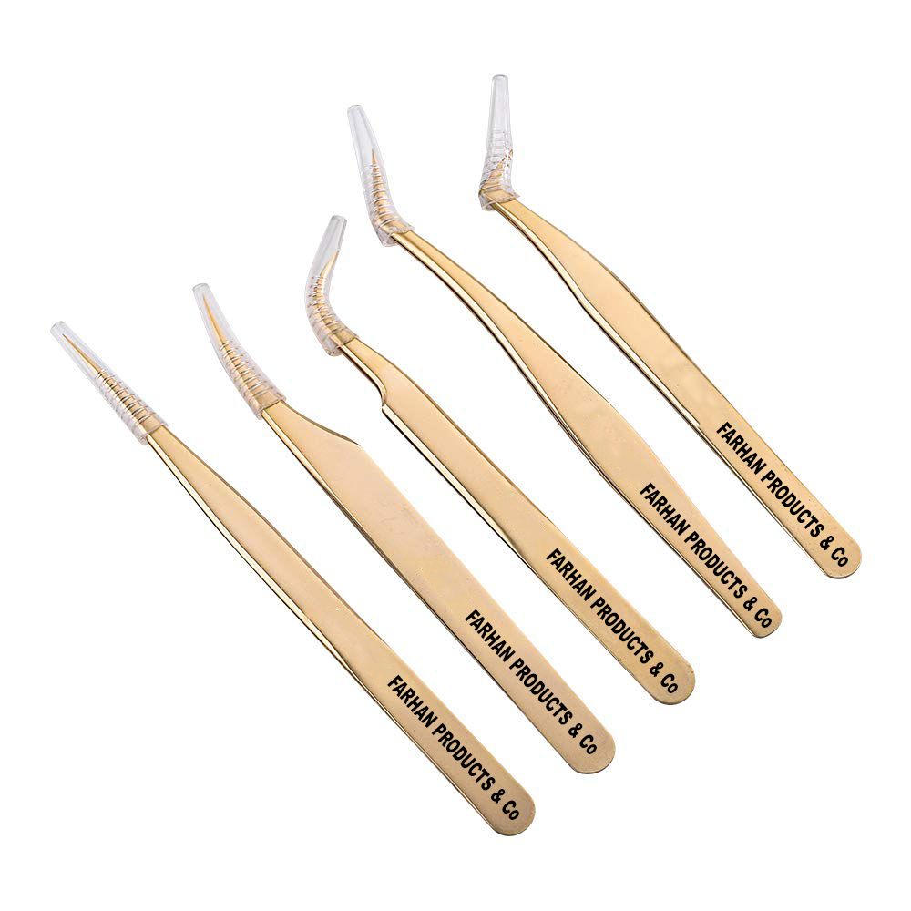 Eyelash Extension Tweezers Set Tweezer for 2D-6D Volume Individual False Lashes Extension Case-Golden (Curved Tweezer Sets)