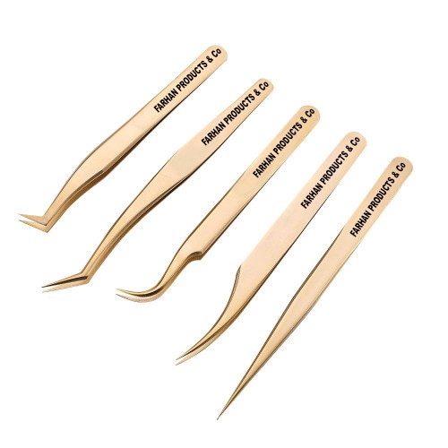 Eyelash Extension Tweezers Set Tweezer for 2D-6D Volume Individual False Lashes Extension Case-Golden (Curved Tweezer Sets)