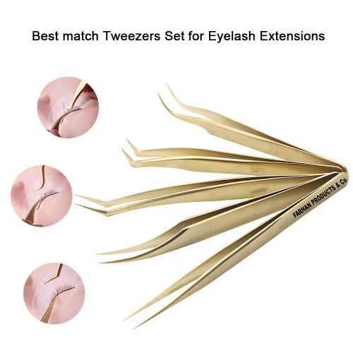 Eyelash Extension Tweezers Set Tweezer for 2D-6D Volume Individual False Lashes Extension Case-Golden (Curved Tweezer Sets)