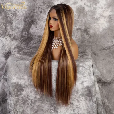 Long Straight Ombre Highlight Piano Color Pre Plucked Synthetic Wig