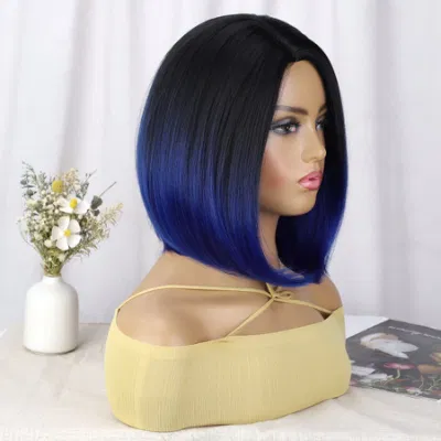 Synthetic Wig Straight Short Bob Ombre Blue Hair Side Part Wigs