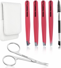 Eyebrow Tweezers Set Red Pack of 6 for Ingrown Facial Hair Removal Scissors Slant Pointed Tweezer Kit for Women's & Men's