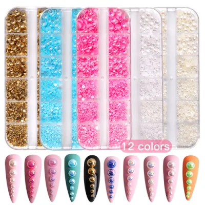 Ab Nail Rhinestones Mermaid Pearl 3D Nail Art Pearl Crystals Flat Bottom Half Round Mixed Size Nails Art Decorations