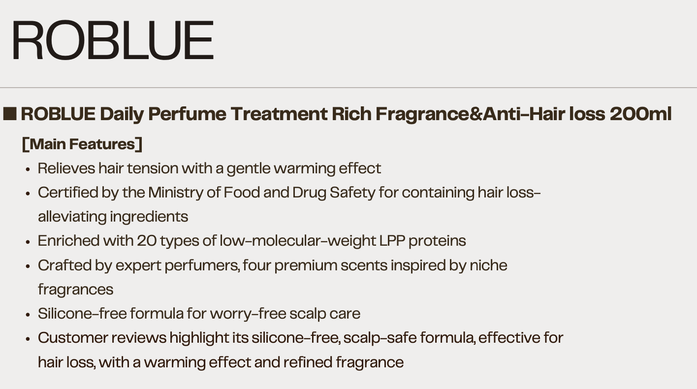 [ROBLUE] Daily Perfume Treatment Rich Fragrance &amp; Anti-Hair loss