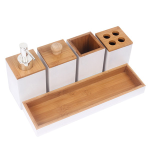 Supply Bamboo Bathroom Accessories Bath Caddy Set Includes Pump Soap Dispenser, Toothebrush Holder