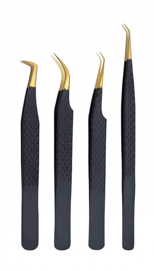 Set of 4 Diamond Grip Eyelash Extensions Tweezers Japanese Stainless Steel Lash Tweezer (Black) BY FARHAN PRODUCTS & Co