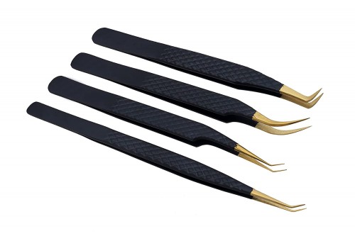 Set of 4 Diamond Grip Eyelash Extensions Tweezers Japanese Stainless Steel Lash Tweezer (Black) BY FARHAN PRODUCTS & Co