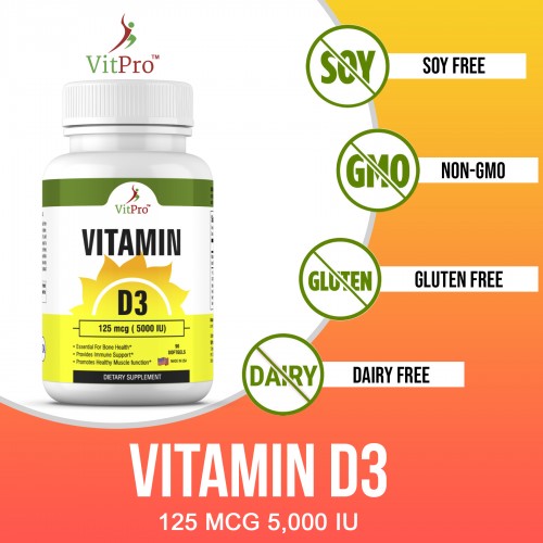 VitPro Vitamin D3 5000iu (125 mcg) for Healthy Muscle Function - 90 Softgels