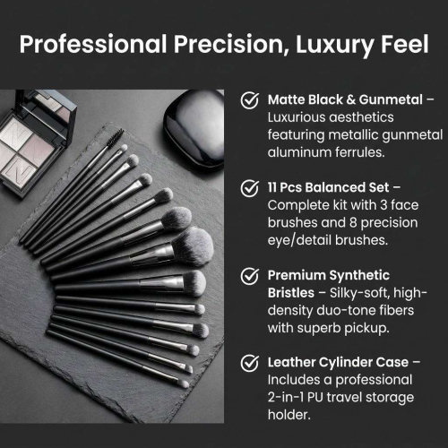 Professional 11 Pcs Matte Black Makeup Brush Set Custom Logo Vegan Synthetic Cosmetic Brushes Set with Cylinder Storage Box